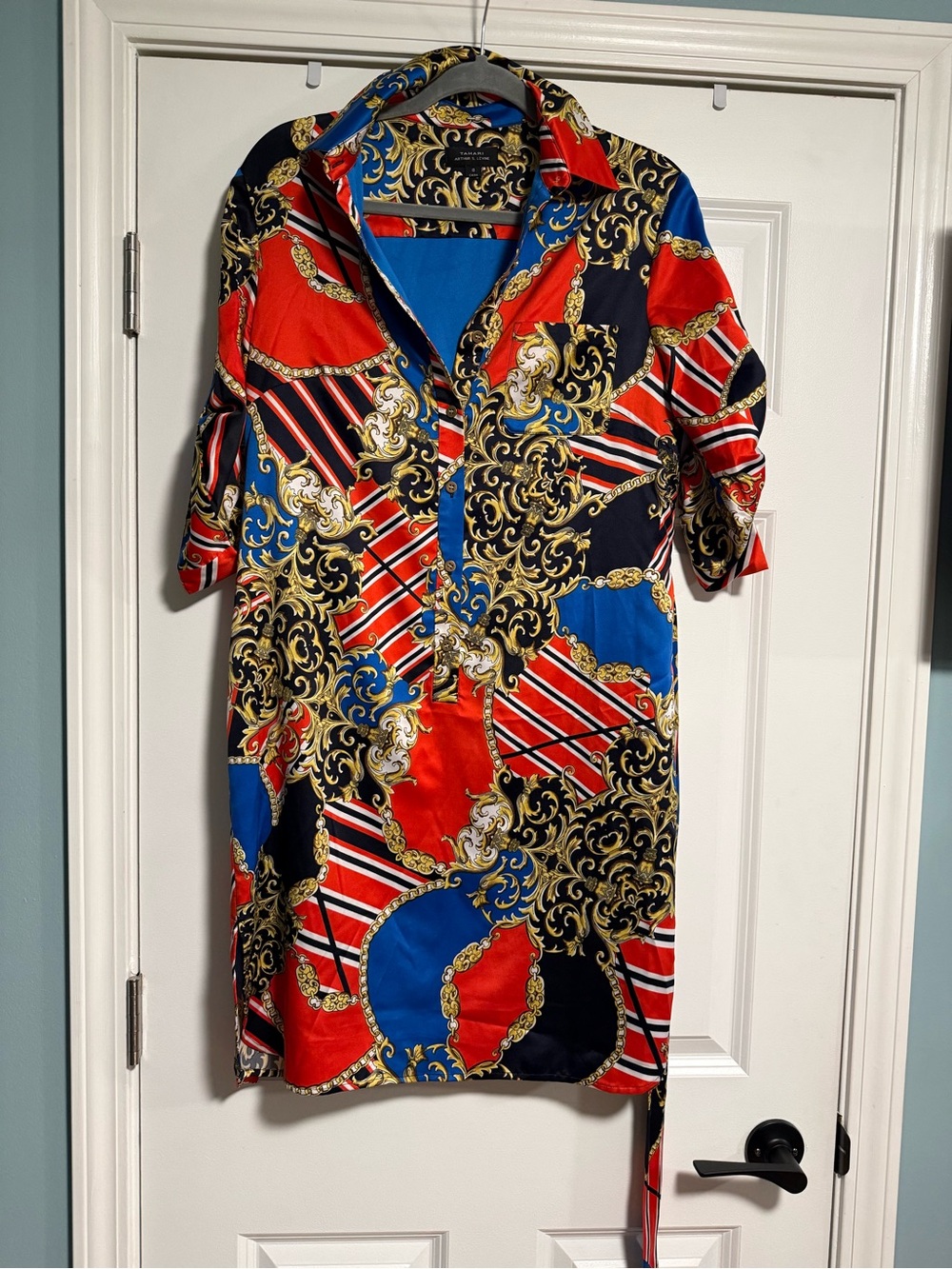 Tahari Red, Blue & Black Baroque-Print Mini Dress